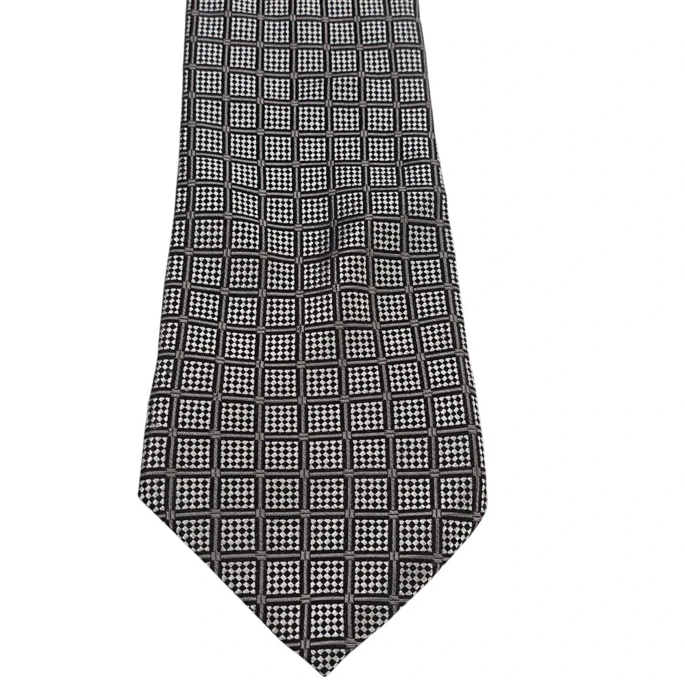 Joseph & Feiss International Mens Necktie Black Silver Silk Woven Argyle Busines